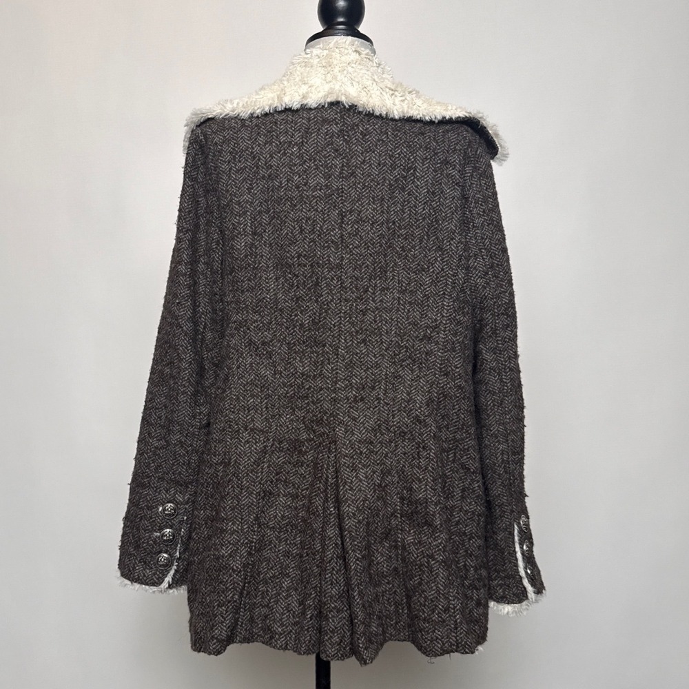 Y2K Forever 21 Brown Herringbone Double Breasted Faux Fur Trim Coat Womens Large - Picture 3 of 12